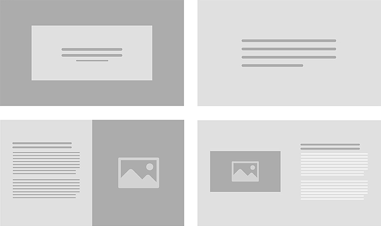 モックアップの画像とテキストのデザインを表示している4つのスライドレイアウト