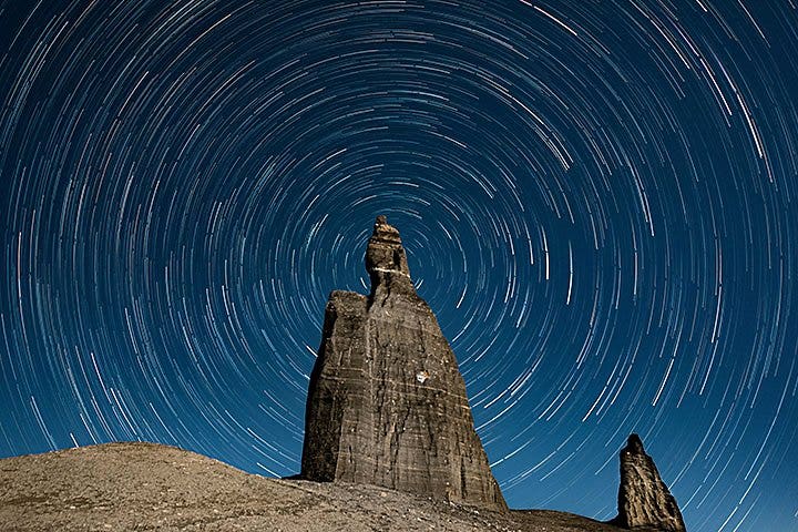 A star trail photo captured near an arete