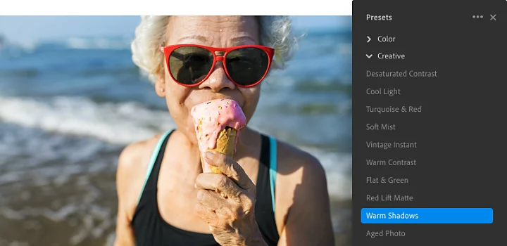 The Adobe Photoshop Lightroom presets menu superimposed next to a self-portrait of a woman eating ice cream on a waffle cone