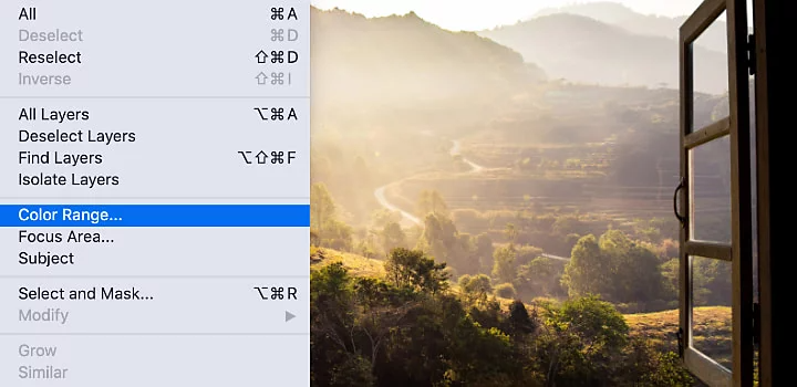 Adobe Photoshop interface of Color Range menu selected above photo of sunny country side