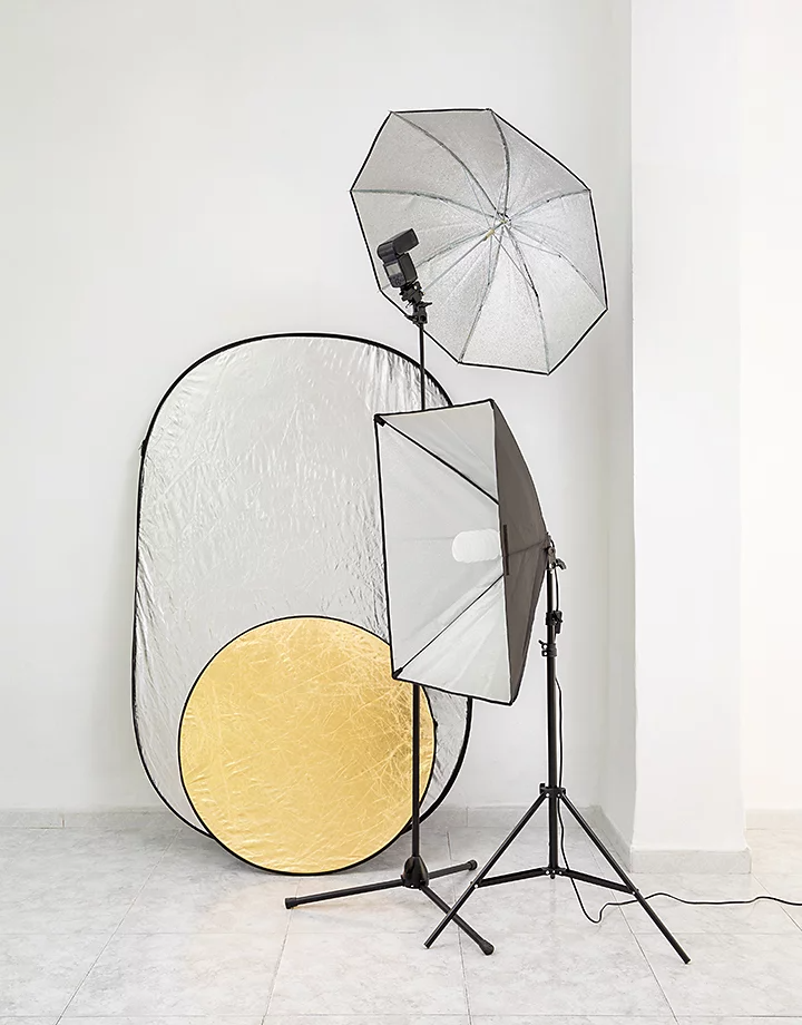 Reflectors and lighting equipment in a photo studio