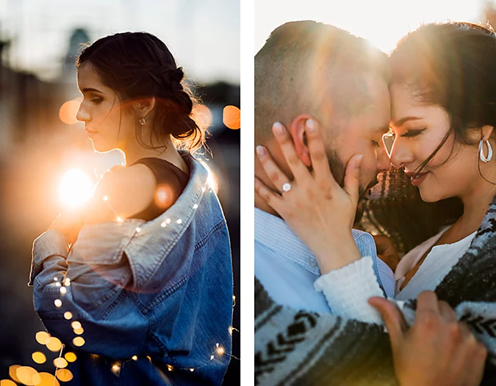 A person posing with a lens flare reflecting on them; a couple embracing each other as a lens flare shines above them