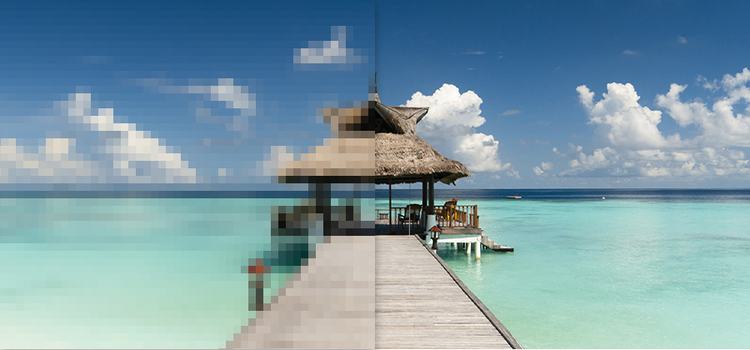 A picture of a dock on the ocean that is half pixelated and half in focus