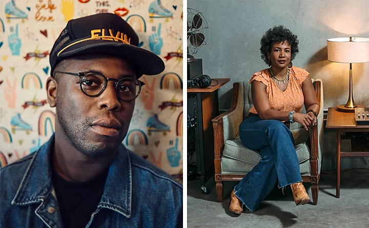 Two photos side by side: A profile of a model and a model posing in a chair