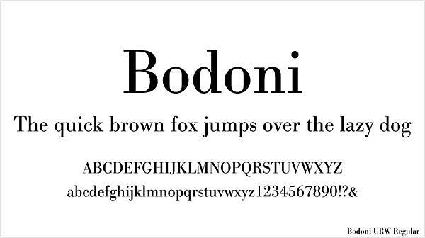 「Bodoni」を使って英語の短文とアルファベットを書いた例