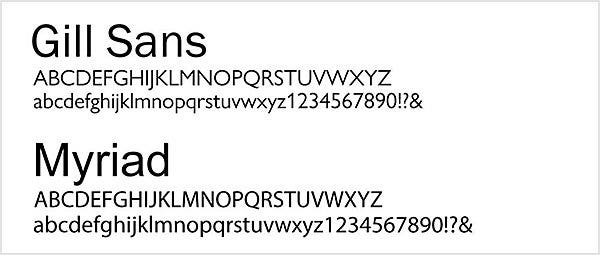 「ヒューマニスト・サンセリフ」の代表的なフォントには「Gill Sans」や「Myriad」がある