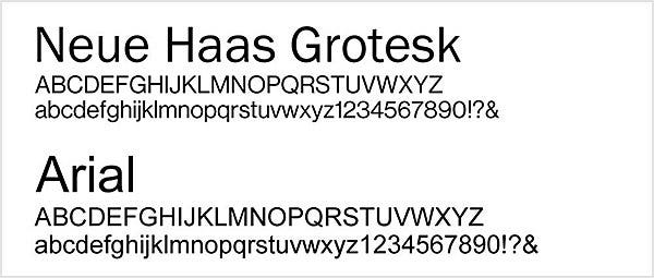 「リアリスト・サンセリフ」」の代表的なフォントには「Neue Haas Grotesk」や「Arial」がある