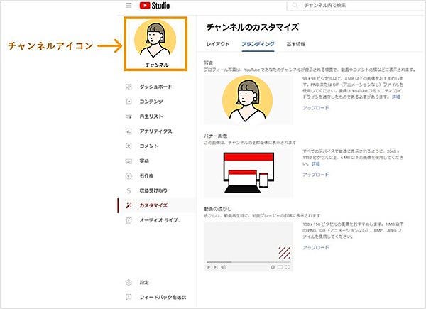 YouTube Studioの左上にチャンネルアイコンが大きく表示される