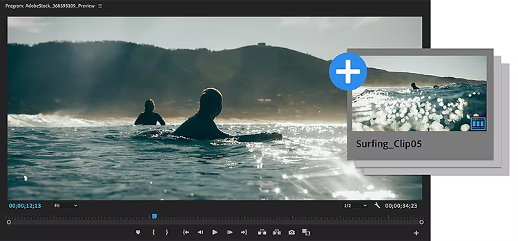 Adobe Premiere Proのビデオプレビューペインに、mp4ファイルの結合プロセスを示す結合ビデオアイコンが重ねて表示されている