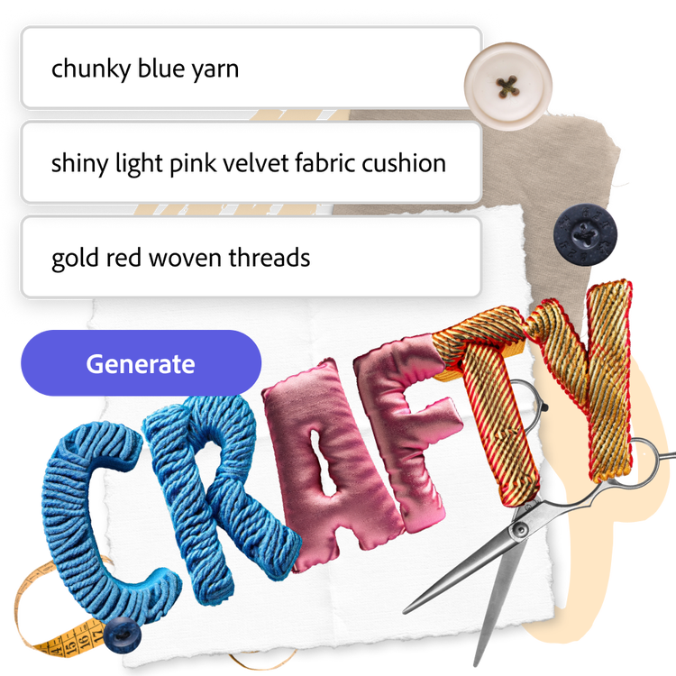 Collage with the word 'CRAFTY' in textured fabrics, scissors, and buttons. Includes a 'Generate' button and a list with craft materials.