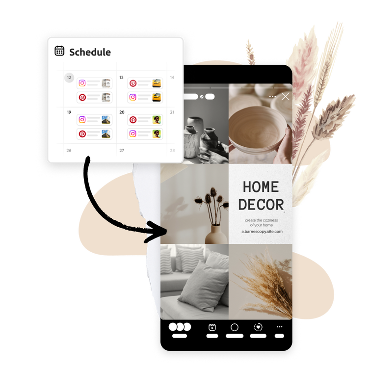 The Adobe Express Content Scheduler tool is featured in a collage post with home decor pictures in white and cream tones.