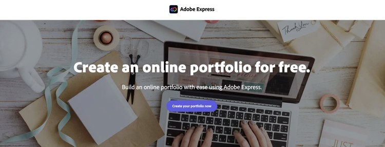 "Create an online portfolio for free. Build an online portfolio with ease using Adobe Express." with hands typing on a laptop