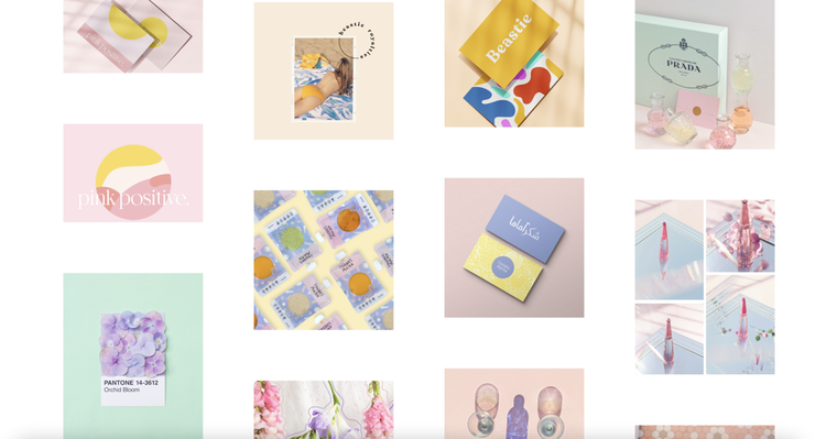 A graphic design portolio with images of various projects spaced out into squares with a pastel color palette