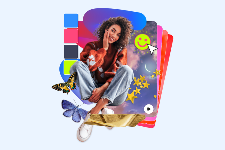 A person sitting on colorful papers Description automatically generated
