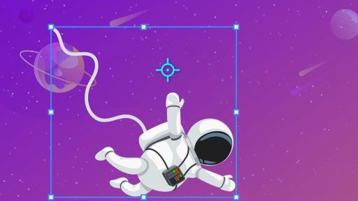 A cartoon astronaut on a spacewalk in front of a purple sky is manipulated with the Rotate Tool