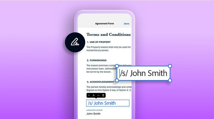 A graphic of adding an s-signature to a PDF document on a mobile phone