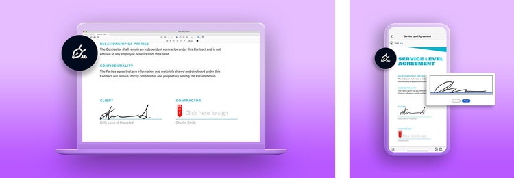 Two images: one of adding a signature to a PDF document on a laptop computer and one of adding a signature to a PDF document on a mobile phone