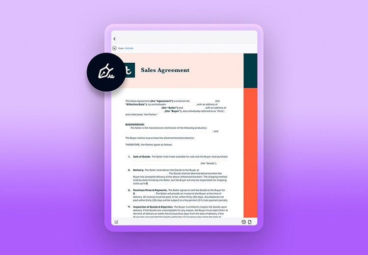 Example of a sales agreement in Adobe Sign on a tablet device