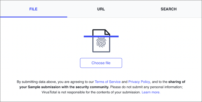 The VirusTotal homepage lets you choose a PDF to scan.