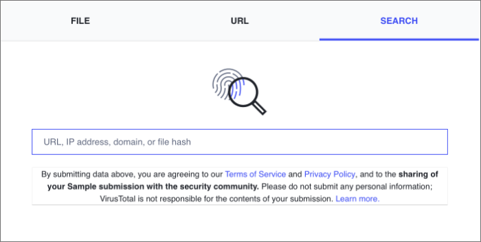 On the VirusTotal website, select the FILE, URL, or SEARCH option.