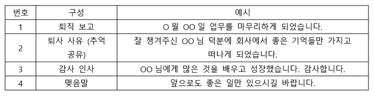 같은 퇴사 인사말 구성을 참고해