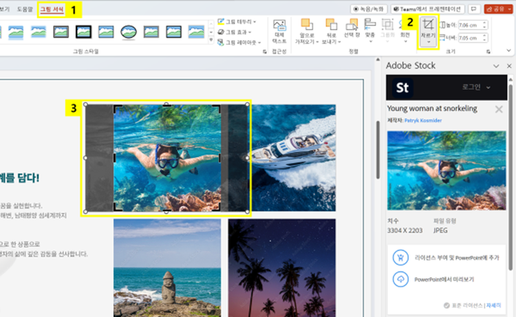 삽입한 어도비 스톡 이미지를 그림 서식에서 원하는 크기로 자르기