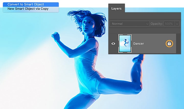 Unlock dancer layer and convert to Smart Object in Adobe Photoshop.