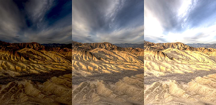 An image of a rocky desert split into three different exposures to make an HDR photo