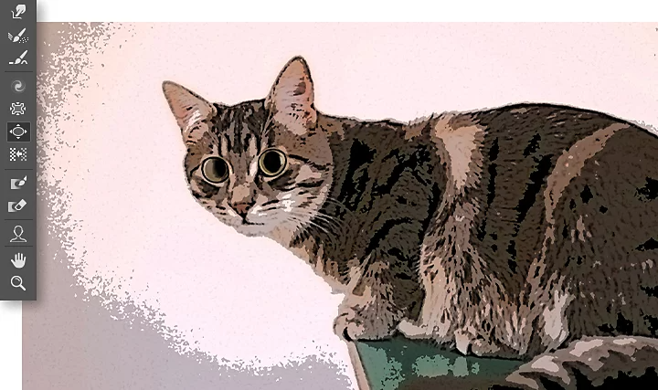 The Adobe Photoshop toolbar superimposed over an image of a cat that has cartoon effects added to it