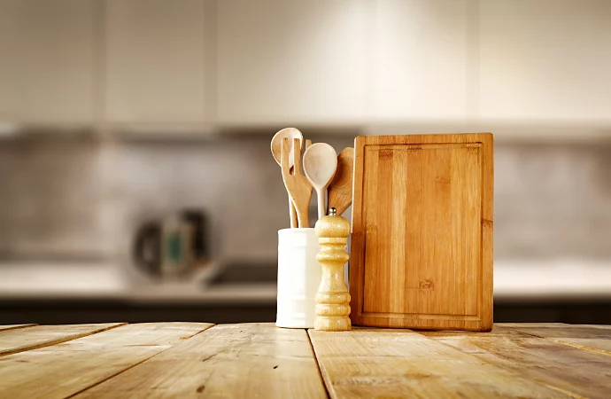 Kitchen utensils on counter with a Gaussian blur background