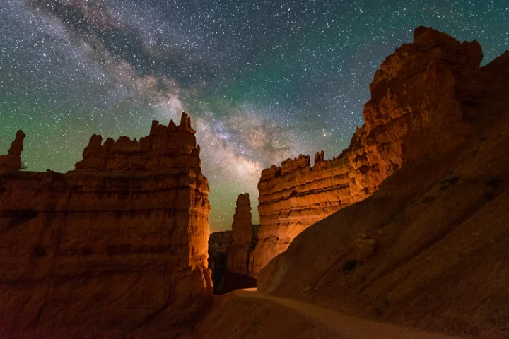 The Milky Way behind a rocky mountainscape