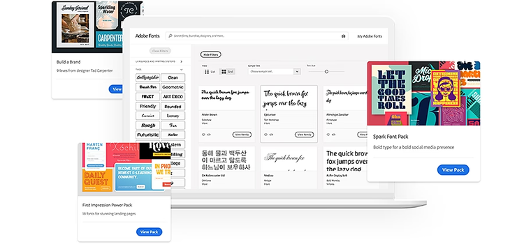 Adobe Fonts 검색 창 위 여러 Adobe 글꼴 팩 다운로드 상자