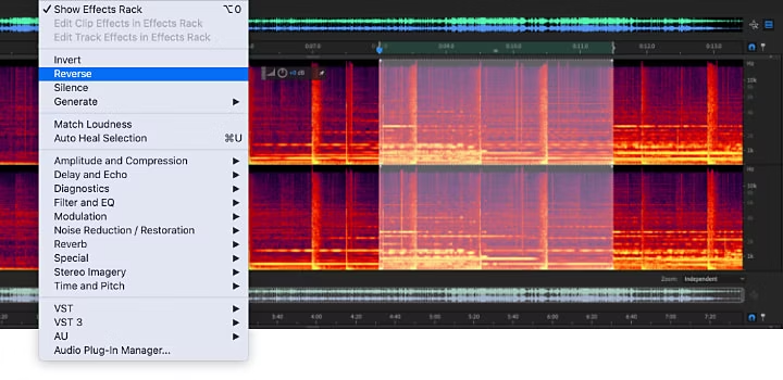 오디오 파일 위에 중첩된 Adobe Audition 반전 오디오 효과 메뉴