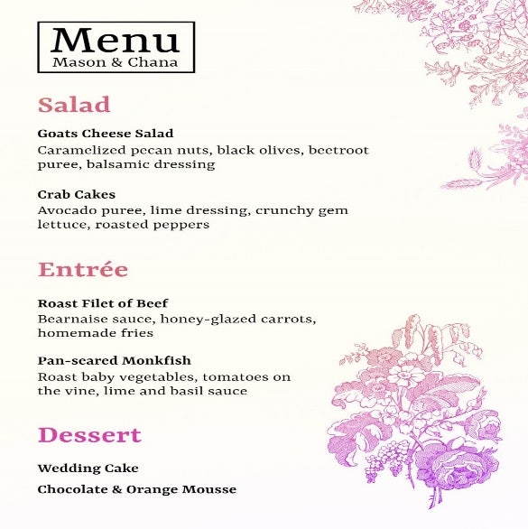 Purple, Grey and Black Wedding Menu