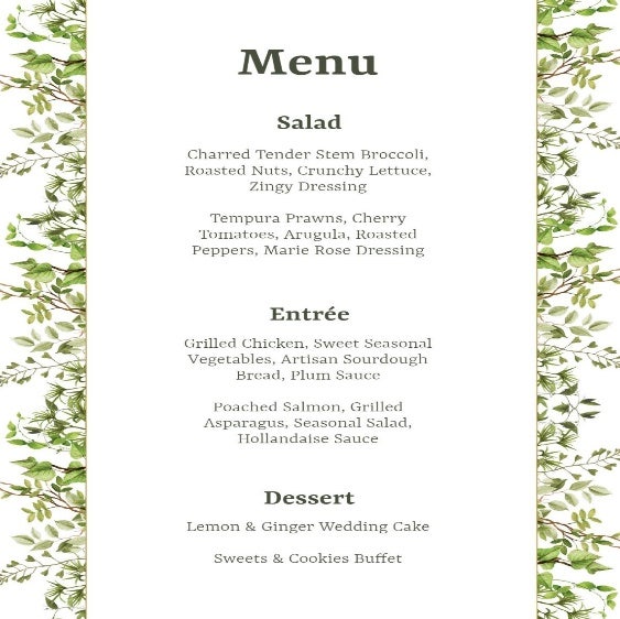 Green & White Floral Wedding Menu