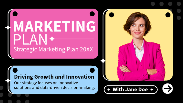 AI-generated presentation with a pink "Marketing Plan" block, a blue introduction block, and a yellow block featuring a person in a pink suit.