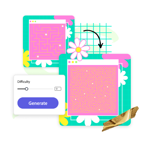 Pink puzzle with a blue background and flowers, created with the maze generator add-on and featuring the difficulty adjustment tool.