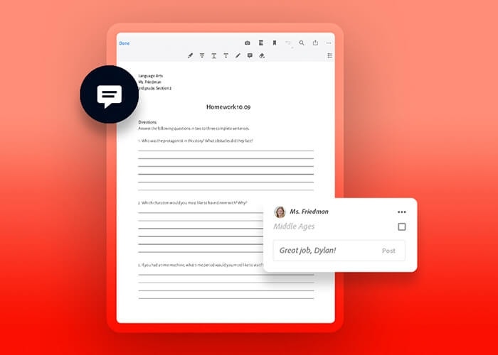 A graphic of commenting on homework in a document on a tablet device
