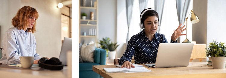 Two photos: A businessperson works at a desk with a cup of coffee and headphones; A businessperson engages in a video conference on their laptop