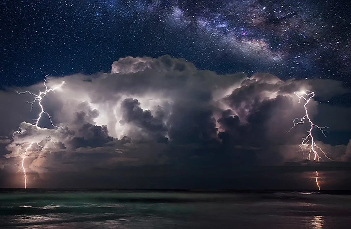 Planetary lighting storm watched over by the Milky Way