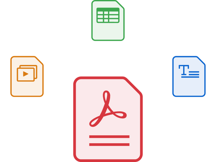 Icons of a PowerPoint, Excel and Word file, with a larger PDF icon representing how you can convert Microsoft documents into PDF files