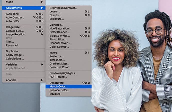 Image of two people posing with Adobe Photoshop adjustment menu hovering over