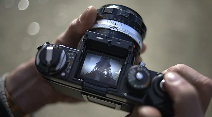 Photographer viewpoint of looking down at a camera for setting up a shot