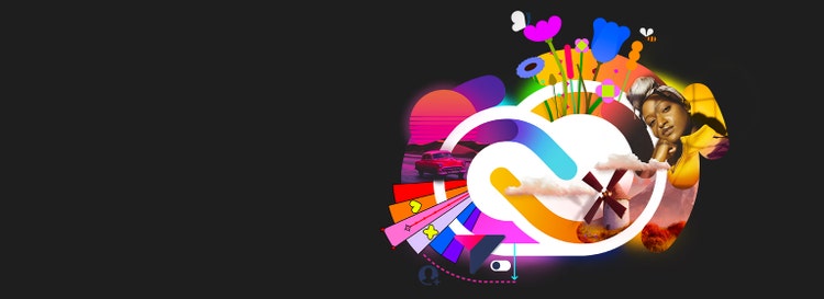 Logotipo de Creative Cloud con varias ilustraciones que surgen desde el centro