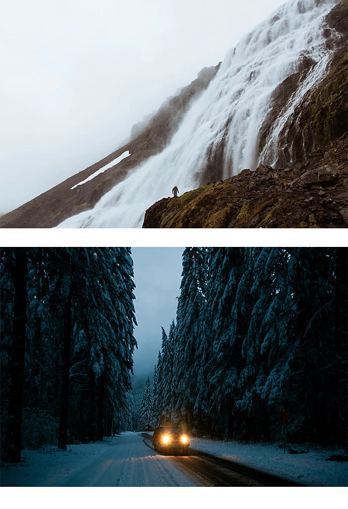 Dos fotos apiladas de alto contraste: foto de una cascada fluyendo por el lateral de una montaña encima de la foto de un coche atravesando un bosque nevado por la carretera