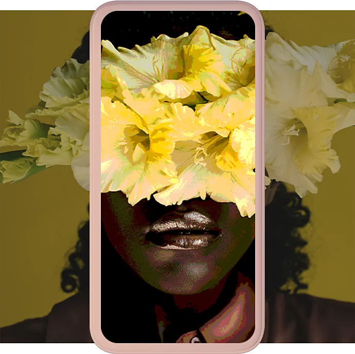 A photo of a person with a bouquet of flowers covering part of their face and a mobile phone superimposed over them