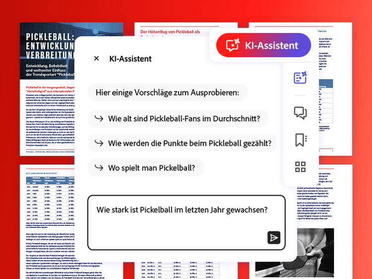 Ein Screenshot und ein Popup-Fenster mit Vorschlägen des KI-Assistenten für Fragen an das Dokument