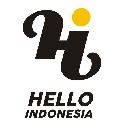 Hello Indonesia Ambigramm und Logo in schwarz mit gelbem Punkt