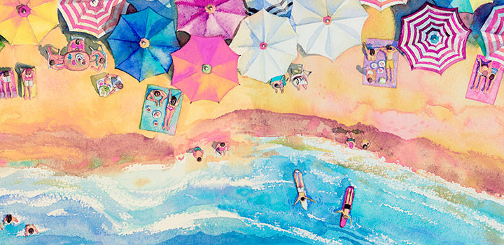 Watercolour illustration of beach from aerial view with people and umbrellas.