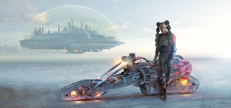 Women in front of a futuristic motorcycle with a floating city in the background which demonstrates what can be done with photomanipulation